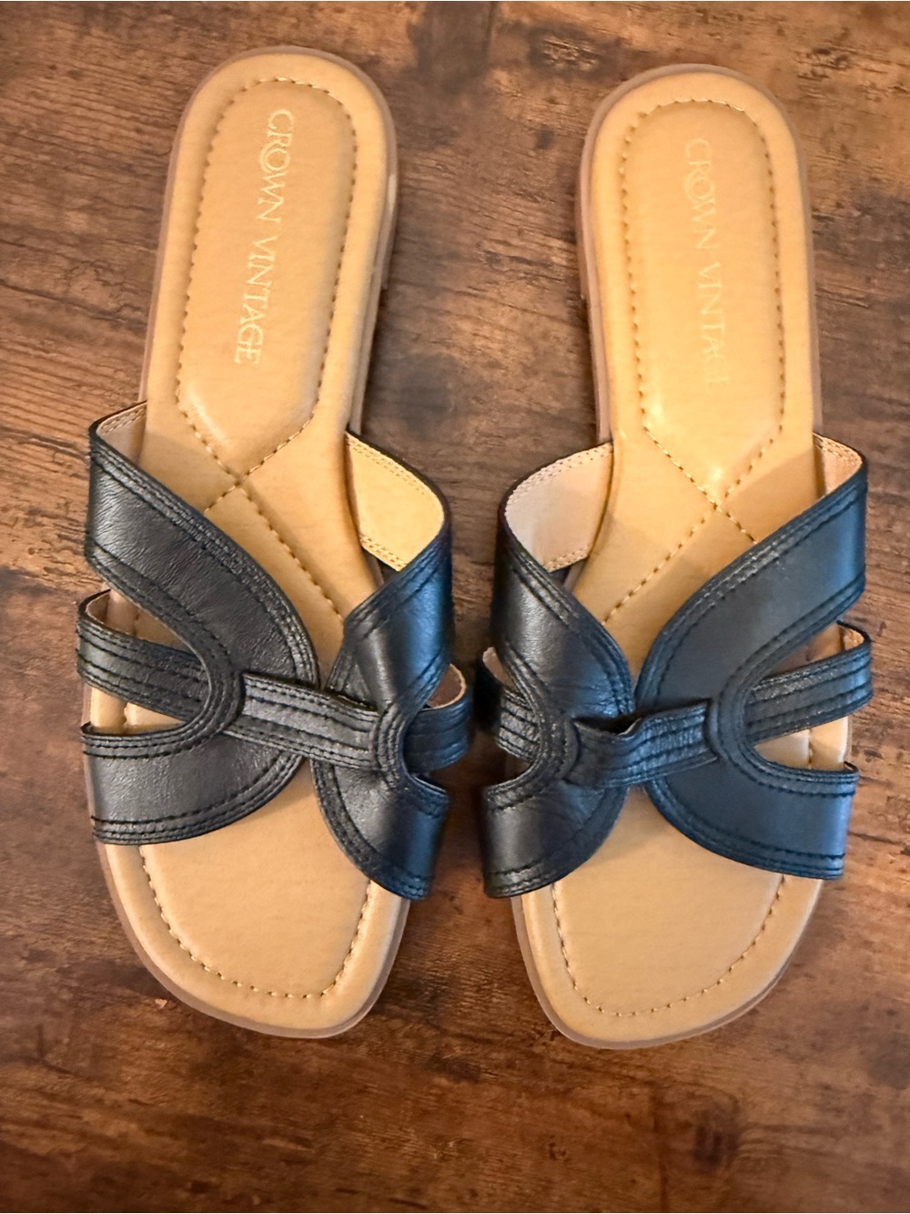 Crown Vintage Black Slide Sandals with Tan Footbed - Knotted Strap